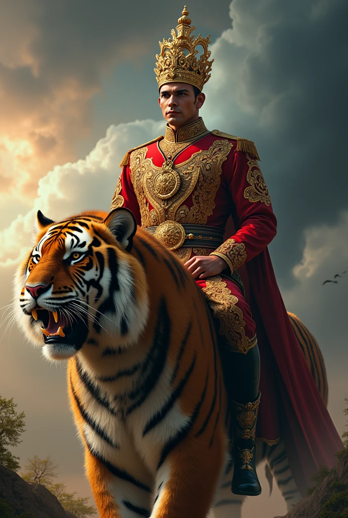 (photorealism:1.2), King's name raja wira jagad sakti, sitting on big fury tiger, wearing malay royal suit, wearing tengkolok ,ain't no beard nor moustache outdoors,holding trisula jagad sakti and cemeti berapi halilintar, enhance lighting, thunder in background, , majestic atmosphere , relaxed pose, realistic, intricate details, majestic colors, by Greg Rutkowski, by Alphonse Mucha