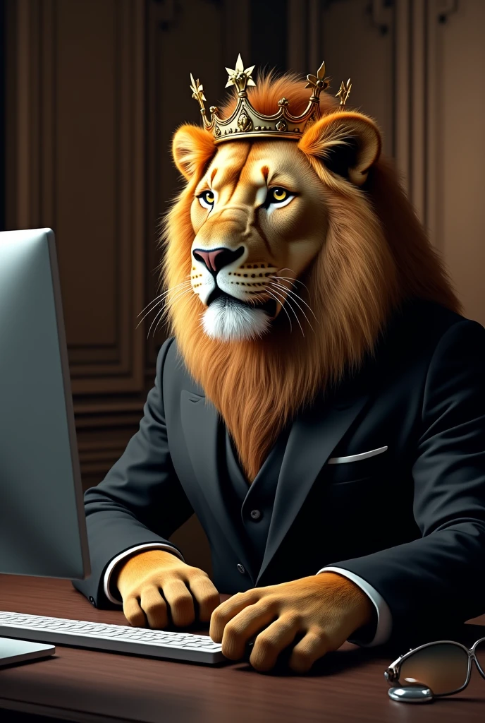 I want you to make a Lion sitting in front of a computer and making investments in the cryptocurrency market where the lion is wearing a black suit. I want you to show the computer screen, use a gold crown on the lion and add human hands with fur like the lion's.