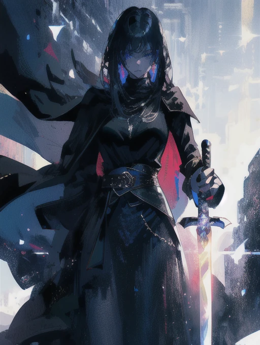 Holding a one-handed sword、Please take the black sword.、((masterpiece, highest quality, Super detailed, High resolution)), alone, beautiful girl, shining eyes, perfect eyes, , black white gold theme,