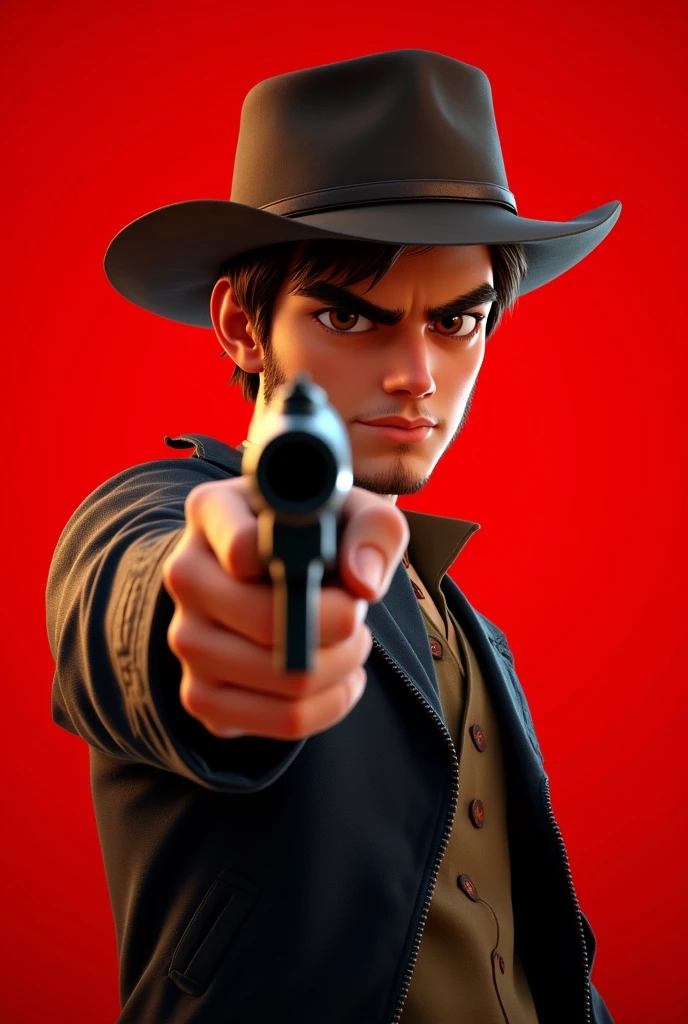 Generate an image of a read dead redemption 2 poster of my character pointing his revolver with a red background, make it a bit realistically animated and just from half body up, hips up. VERY IMPORTANT, make it like the read dead redemption 2 poster style
Character: Tall, White, brown and short hair, young (26), just a bit of beard, with thick eyebrows, good jawline, having an agressive look, brown eyes, make him wear clothes from those years, wear a jacket and have a hat,