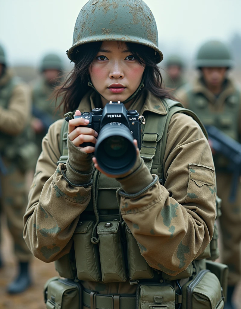 Photo-realistic, ultra-realistic, (very beautiful Japanese, famous Japanese idol:1.3), Fully equipped for battle, (painful impressions, crying:1.3), (wearing an army soldier's Camouflage outfits with military helmet:1.5), (at a battle field), very large breasts, (tactical vest, military harness:1.3), (military long boots:1), dynamic angle, spectacular, (muddied, damaged wears, damaged body:1.3), (Army archivist photographer), (She is holding up the camera and taking spectacular pictures with Pentax camera with huge telephoto lens:1.3),