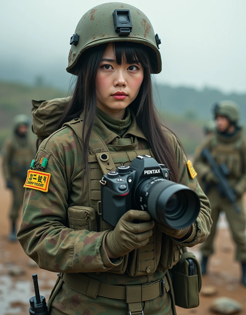 Photo-realistic, ultra-realistic, (very beautiful Japanese, famous Japanese idol:1.3), Fully equipped for battle, (painful impressions, crying:1.3), (wearing an army soldier's Camouflage outfits with military helmet:1.5), (at a battle field), very large breasts, (tactical vest, military harness:1.3), (military long boots:1), dynamic angle, spectacular, (muddied, damaged wears, damaged body:1.3), (Army archivist photographer), (She is holding up the camera and taking spectacular pictures with Pentax camera with huge telephoto lens:1.3), 