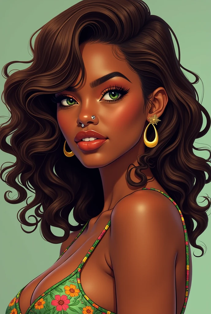 a one woman, black, large hair, wavy and brown, Brazilian characteristics, piercings, olhos verdes esmeralda, fun and lively face, anime styling