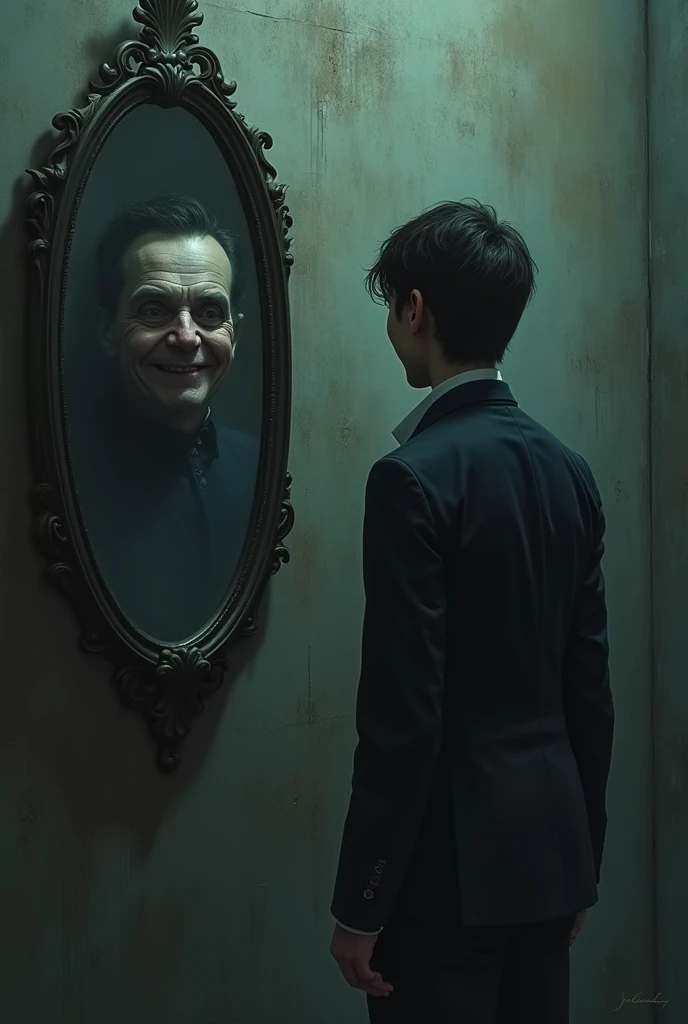 A friend looking in the mirror, where your reflection shows two faces: a friendly and smiling, and another with a malicious and treacherous expression. The surrounding environment is dark and cold in tone., emphasizing the contrast between appearance and reality