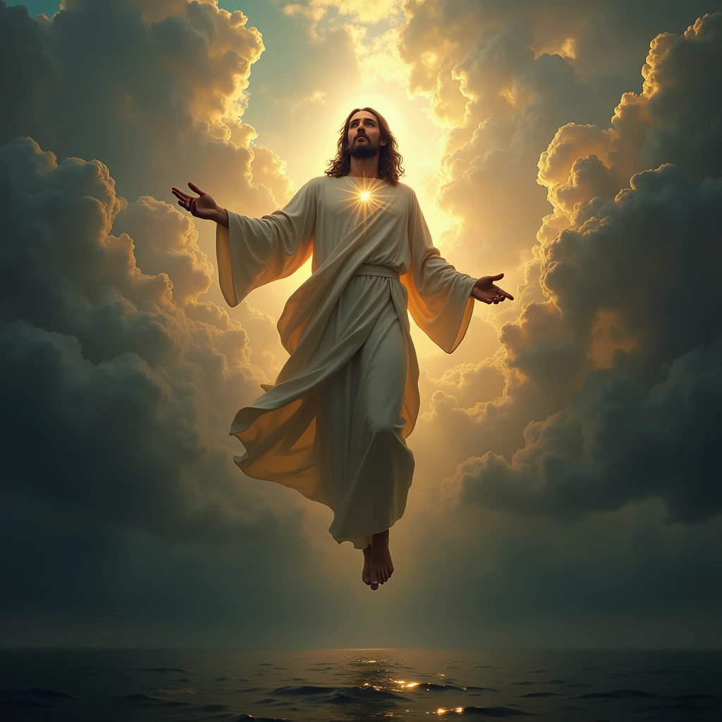 {[full bodyof jesus]], religious, spiritual, serene expression, divine light, heavenly glow, glowing aura, cinematic lighting, dramatic lighting, chiaroscuro, renaissance style, oil painting, detailed brushstrokes, highly realistic, photorealistic, 8k, best quality, masterpiece. IN THE SEA, ANGELS FACES IN THE SKY