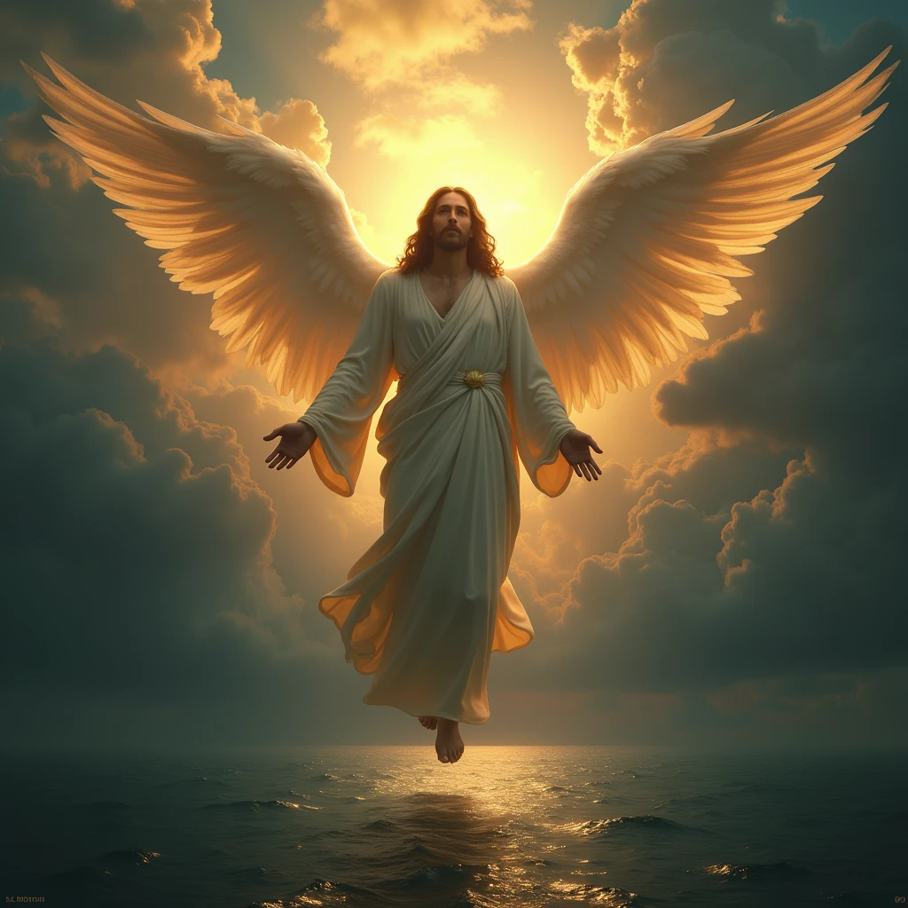 {[full bodyof jesus]], religious, spiritual, serene expression, divine light, heavenly glow, glowing aura, cinematic lighting, dramatic lighting, chiaroscuro, renaissance style, oil painting, detailed brushstrokes, highly realistic, photorealistic, 8k, best quality, masterpiece. IN THE SEA, ANGELS FACES IN THE SKY