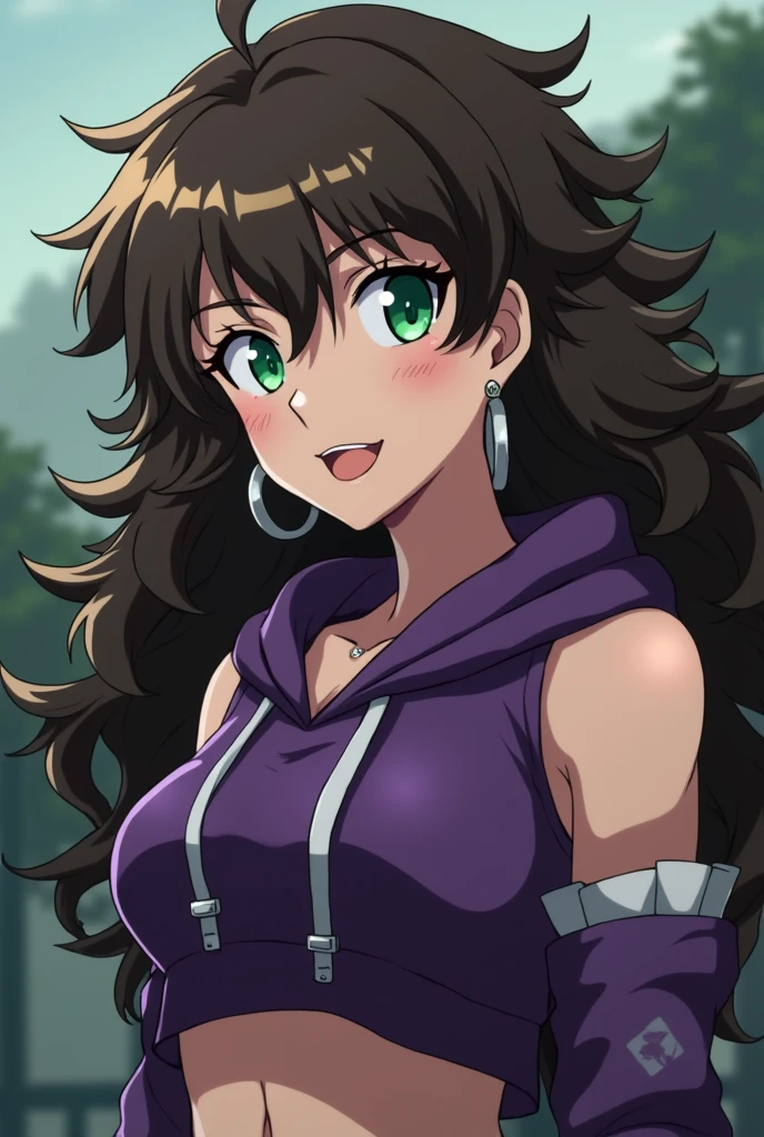 Badass Female character from Jujutsu Kaisen, light skin, fit build, long curly coily brown hair, bright green eyes, wearing purple sleeveless cropped hoodie, belly ring, hoop earrings, villainous smile, screenshot, screencap, anime with big boobs