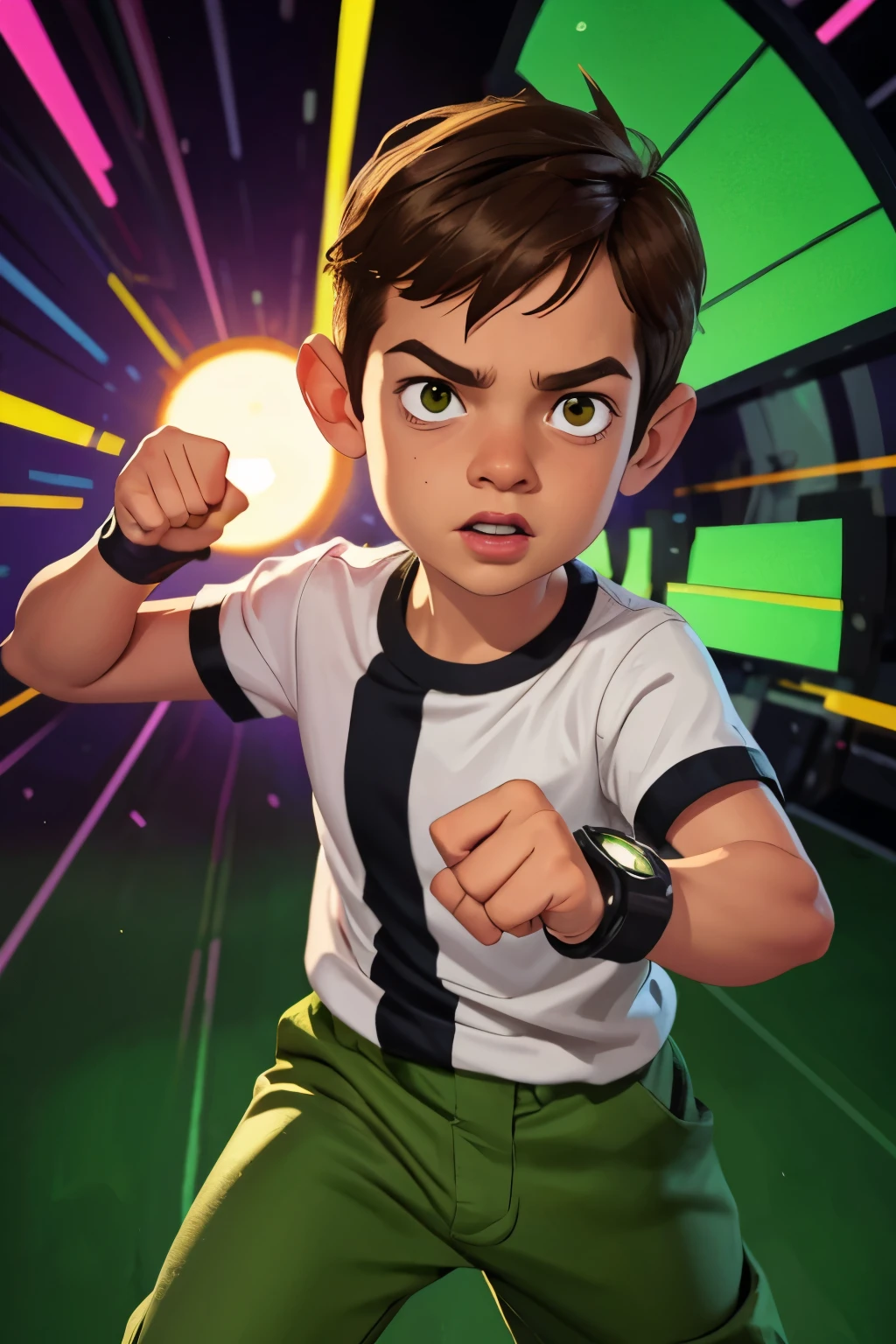 Movie poster, Ben 10 (((A child, *** ))), brown eyes, (((wearing a white outfit with black stripe in the center, green pants))) , showing fist. (Omnitrix on arm)) . (Action facial expression ) . highy detailed, face detailed, realisitic, cinematic lighting, studio quality, proffesional, face detailed, intrikate, bright coloured. ((abstract lighting background)).