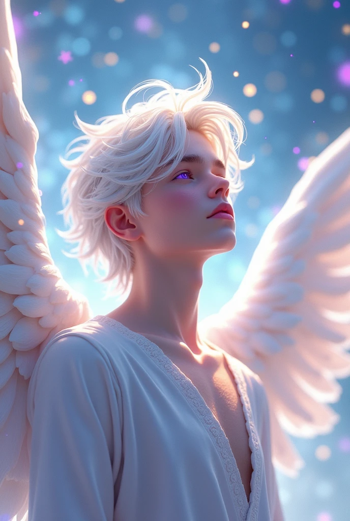 a male angel, age-looking, with white hair and purple eyes.