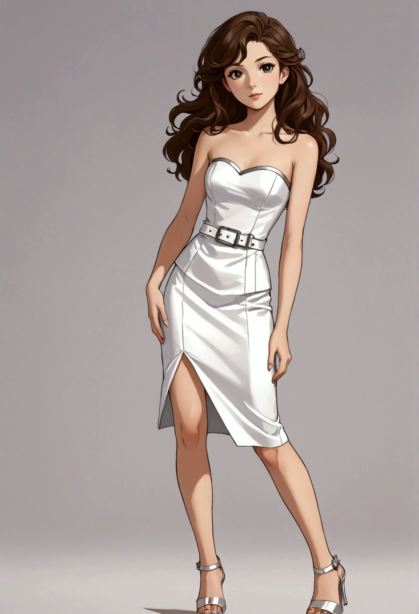 A beautiful young anime-style Sarah Kay, British with semi-long wavy brown hair dressed in an elegant, short, sleeveless, strapless dress with three-buckle details on the chest, all in white and a pencil skirt, wearing silver high-heeled sandals, she is modeling and posing for the camera in a relaxed attitude.