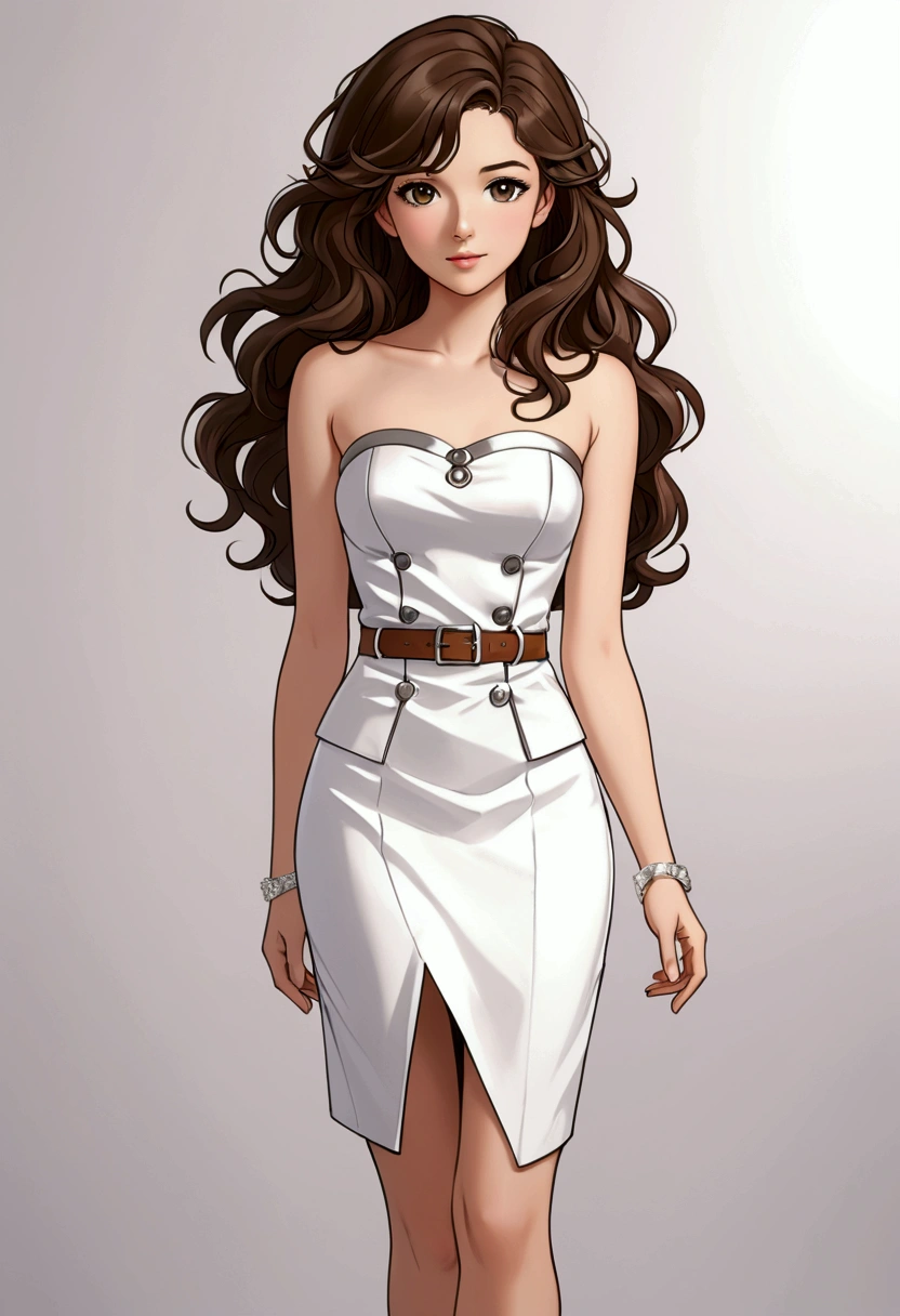 A beautiful young anime-style Sarah Kay, British with semi-long wavy brown hair dressed in an elegant, short, sleeveless, strapless dress with three-buckle details on the chest, all in white and a pencil skirt, wearing silver high-heeled sandals, she is modeling and posing for the camera in a relaxed attitude.