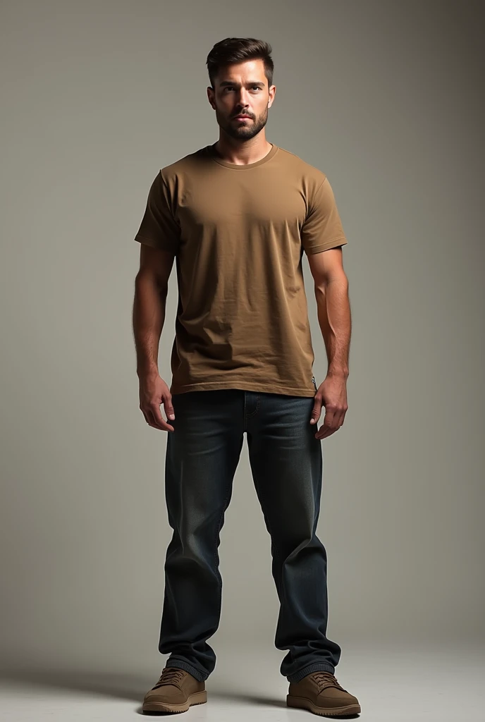 a real man standing with a brown t-shirt mockup