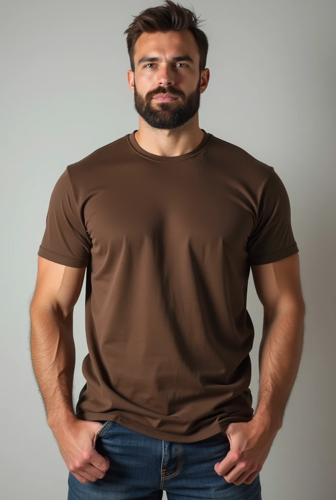 a real man standing with a brown t-shirt mockup