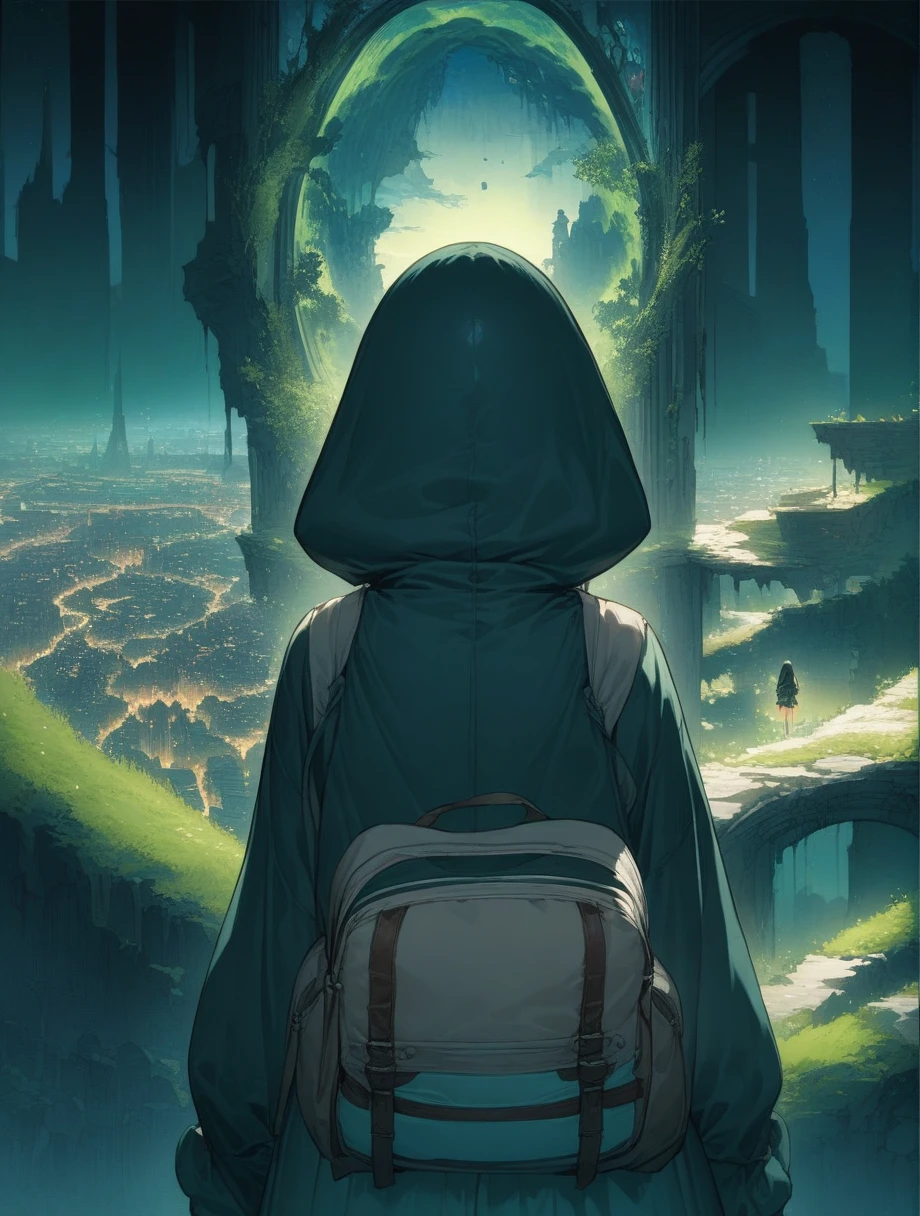 score_9, score_8_up, score_7_up, score_アニメ, masterpiece, best quality, delicate illustration, sharp line, sharp focus, BREAK,Traveler girl wandering in the ruins of endless night, the girl is wearing a hood, a lot of baggage in her backpack., night、City of the Future、Fantastic landscape、Beautiful Landscape、Harmony with Nature