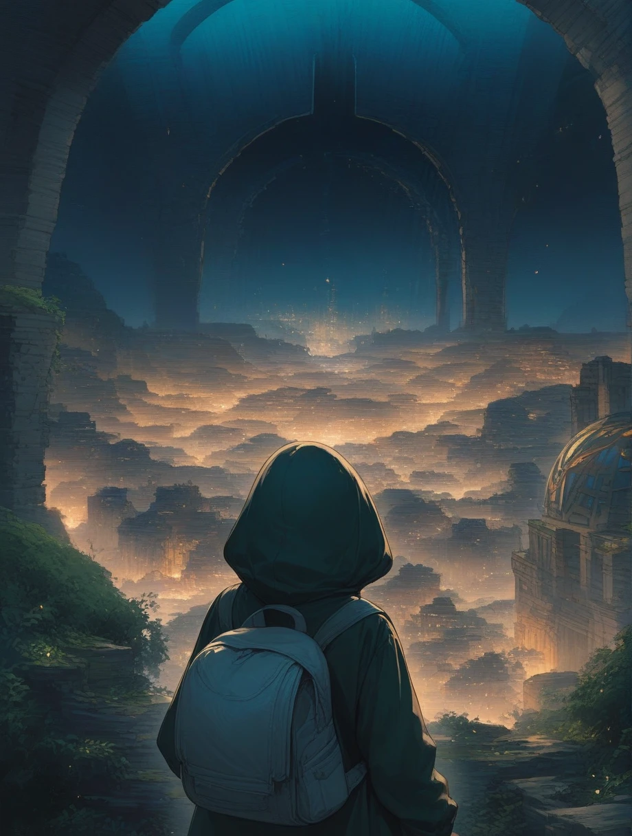 score_9, score_8_up, score_7_up, score_アニメ, masterpiece, best quality, delicate illustration, sharp line, sharp focus, BREAK,Traveler girl wandering in the ruins of endless night, the girl is wearing a hood, a lot of baggage in her backpack., night、City of the Future、Fantastic landscape、Beautiful Landscape、Harmony with Nature