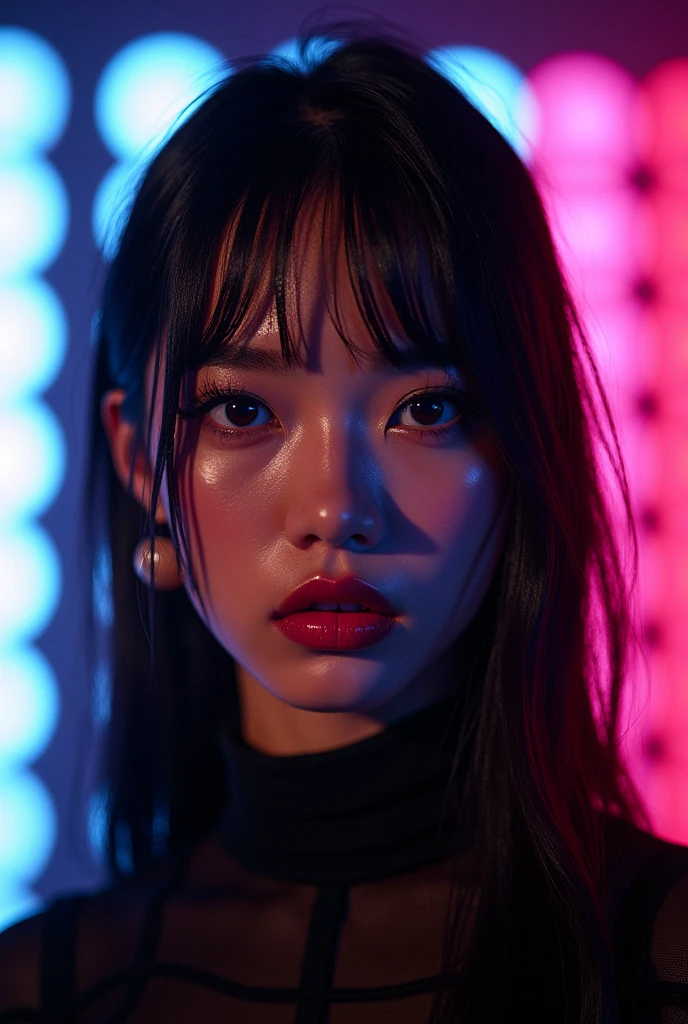 Lisa blackpink, she is on the concert stage, her face facing the camera 