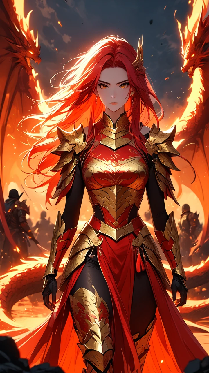 (((masterpiece, best quality, 8k))), fierce female leader, (full-body), golden dragon ceremonial armor, radiant glow, long flowing crimson hair, strands caught in the wind, fiery orange eyes, a look of absolute authority, leading an army through a volcanic wasteland, lava flows around her, dragons soaring through ash-filled skies, (intense lighting, dramatic backlight)