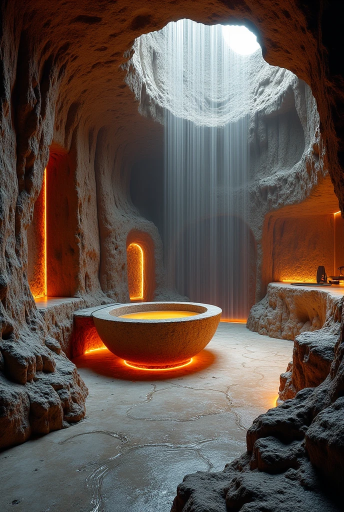 Create a very large bathroom with a volcanic rock concept