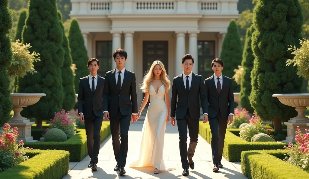 a 3 asian man in a suit following a blonde asian woman with long hair in a white dress in a garden of a luxurious mansion