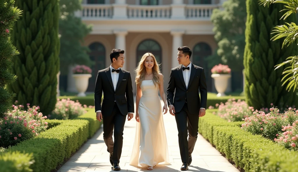 a 3 asian man in a suit following a blonde asian woman with long hair in a white dress in a garden of a luxurious mansion