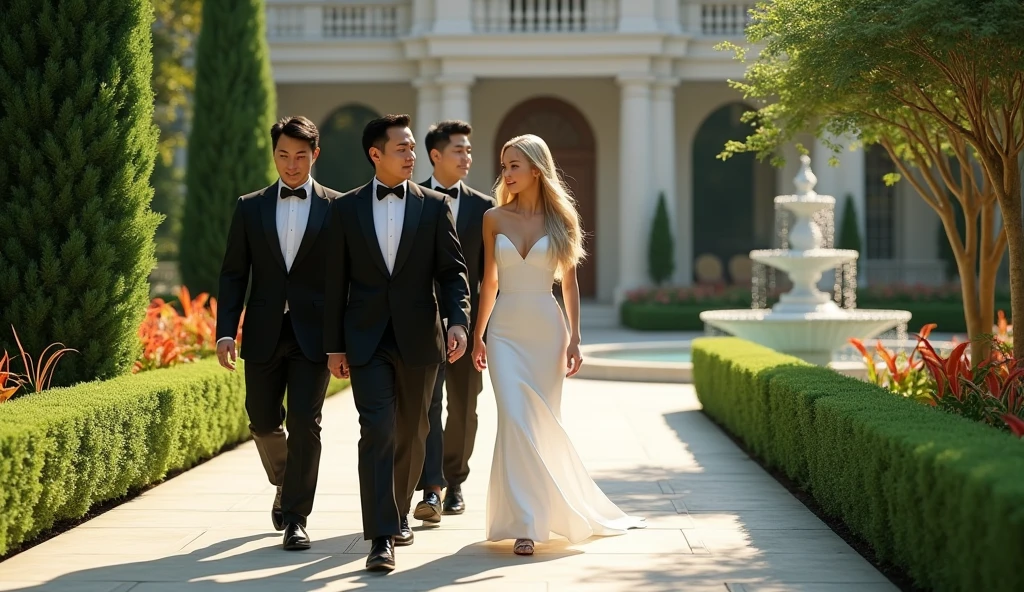 a 3 asian man in a suit following a blonde asian woman with long hair in a white dress in a garden of a luxurious mansion