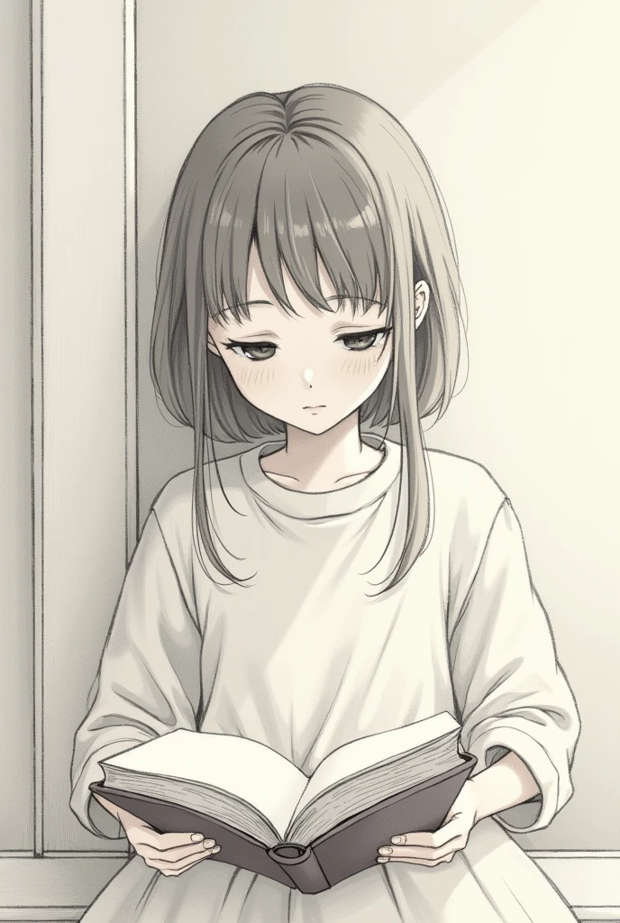 A simple drawing of a girl with a book sitting