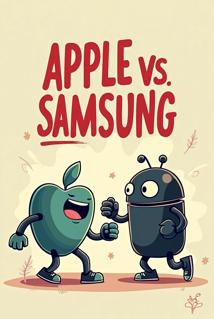 mages: Two animated characters representing Apple and Samsung, in a friendly fighting style or competition. Apple could be represented by a mascot with an iOS smartphone, while Samsung may have a character with an Android device.
texto: "Apple vs Samsung" appears below or next to the characters, in large, bold letters, com a fonte Aldery Pro, in black and red colors, to maintain the store's identity.