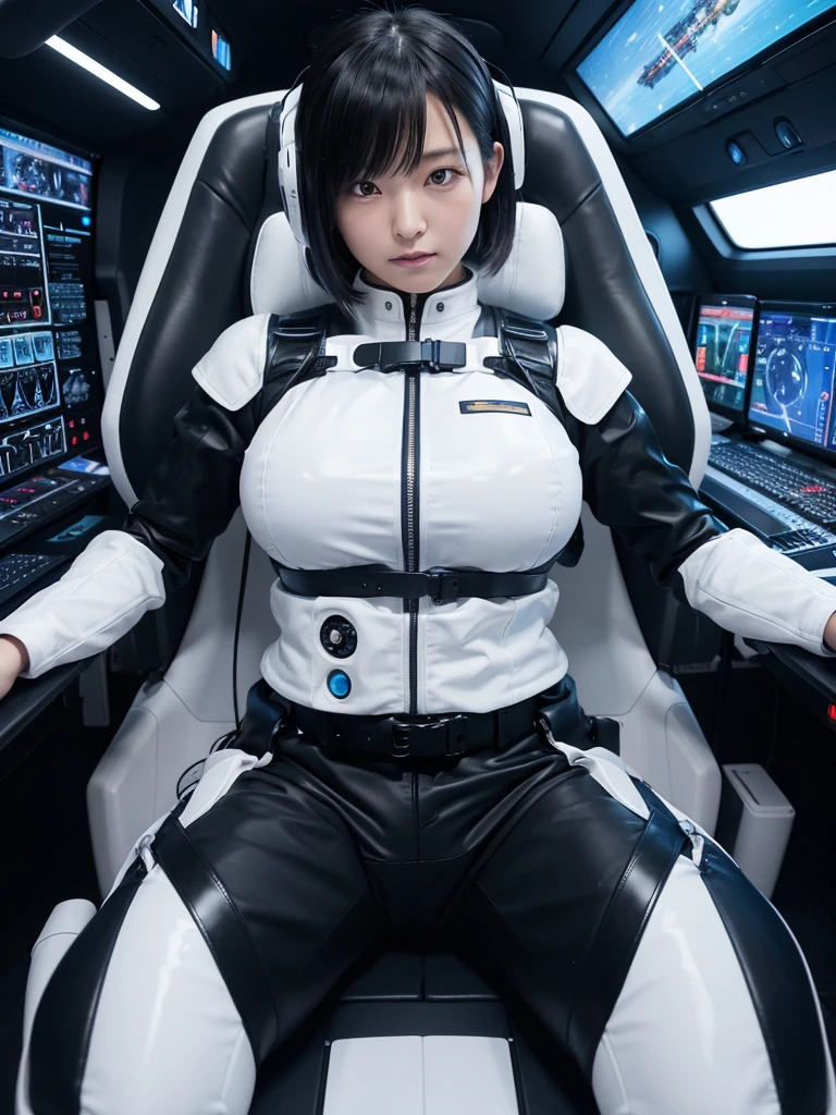 Japanese female android,Black Hair,The spaceship's cockpit,The person is completely secured in the seat with the backrest reclined by a thick harness belt.,Chubby,Big Breasts,Spread your legs,Squat,Shiny white robot suit,Robotic arms and legs,Surrounded by switches and monitors,