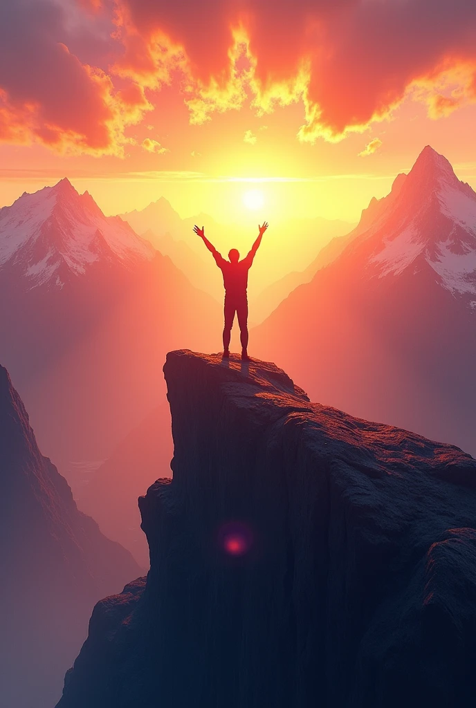 A sunrise over a mountain range, with the warm golden light illuminating the peaks and valleys. In the foreground, a single figure stands on a cliff edge, arms raised in triumph, symbolizing victory and achievement. The sky is a blend of orange, pink, and purple hues, representing hope and new beginnings