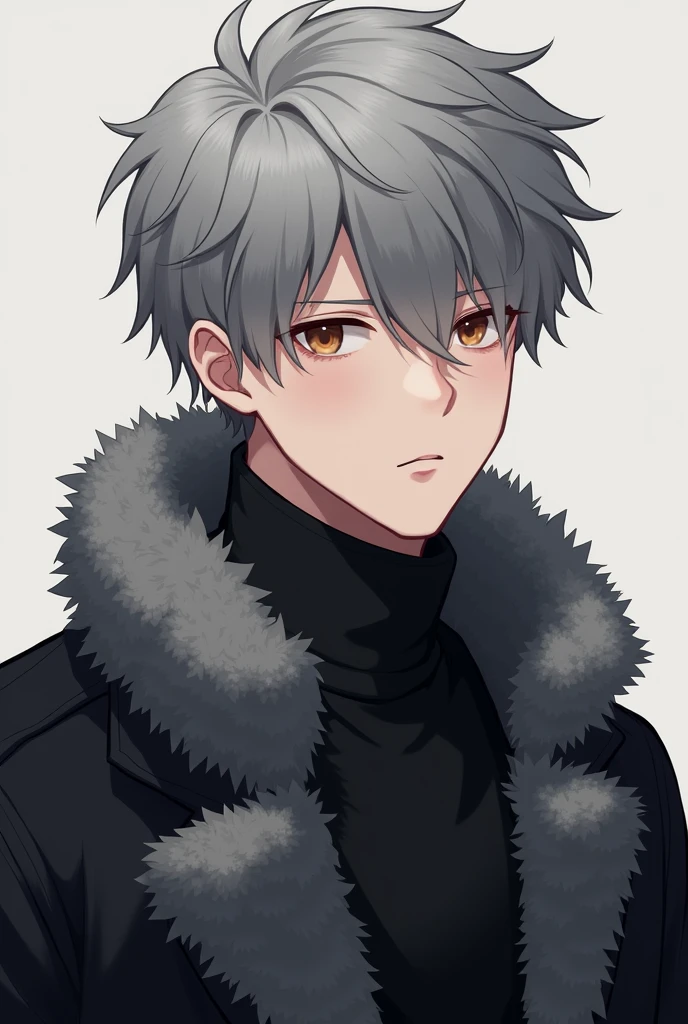 Age 18, realistic human, Japanese male, gray fluffy hair, black coat containing gray fluff, height 165cm