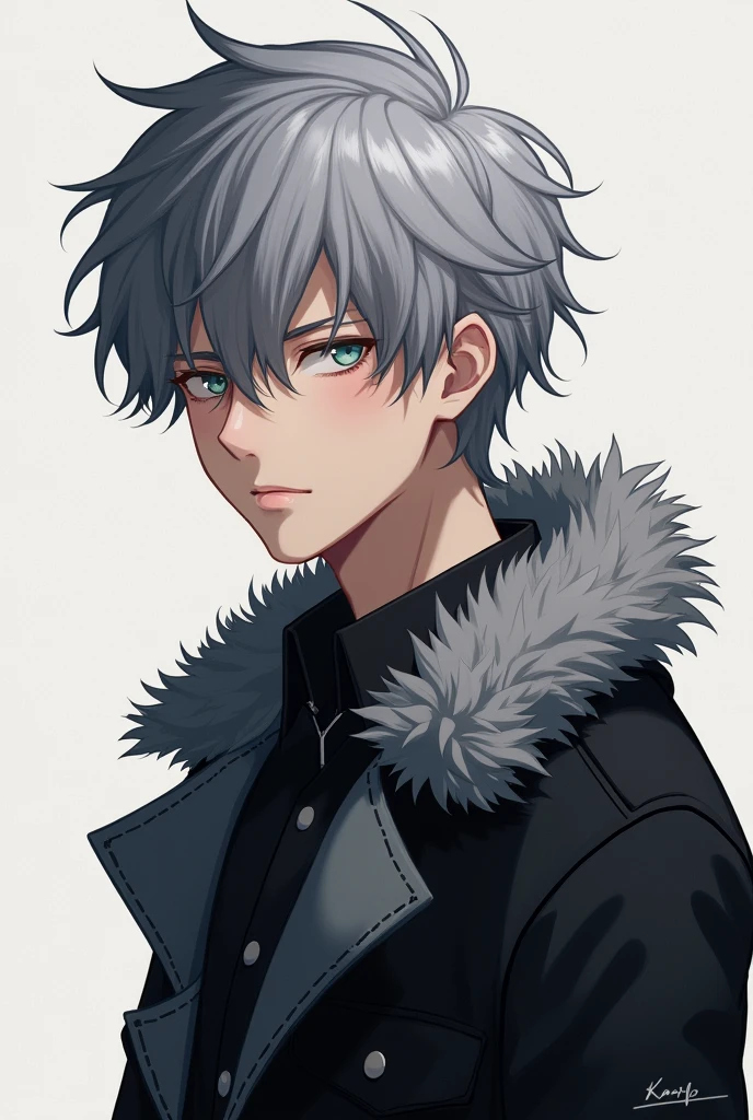 Age 18, realistic human, Japanese male, gray fluffy hair, black coat containing gray fluff, height 165cm