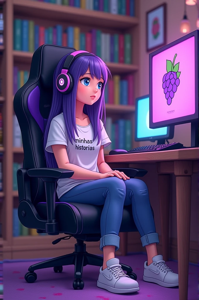 Image description: The character is represented in Adventure Time style with natural lilac skin, sitting with her back to a player table. She's in a black gaming chair with purple details, including a small grape symbol on the back. Her long, straight hair reaches down to her waist, starting out a dark shade of purple at the roots and gradually lightening at the ends. She wears a short-sleeved t-shirt with the phrase "minhas histórias", jeans and white sneakers. The character is also wearing headphones, which have a grape symbol on the sides. the environment is a cozy room with a bookshelf, she is sitting in the Gamer chair with her back to the gamer computer and the colors match her and she is wearing the t-shirt with sleeves in dark purple and light lilac stripes with a grape design