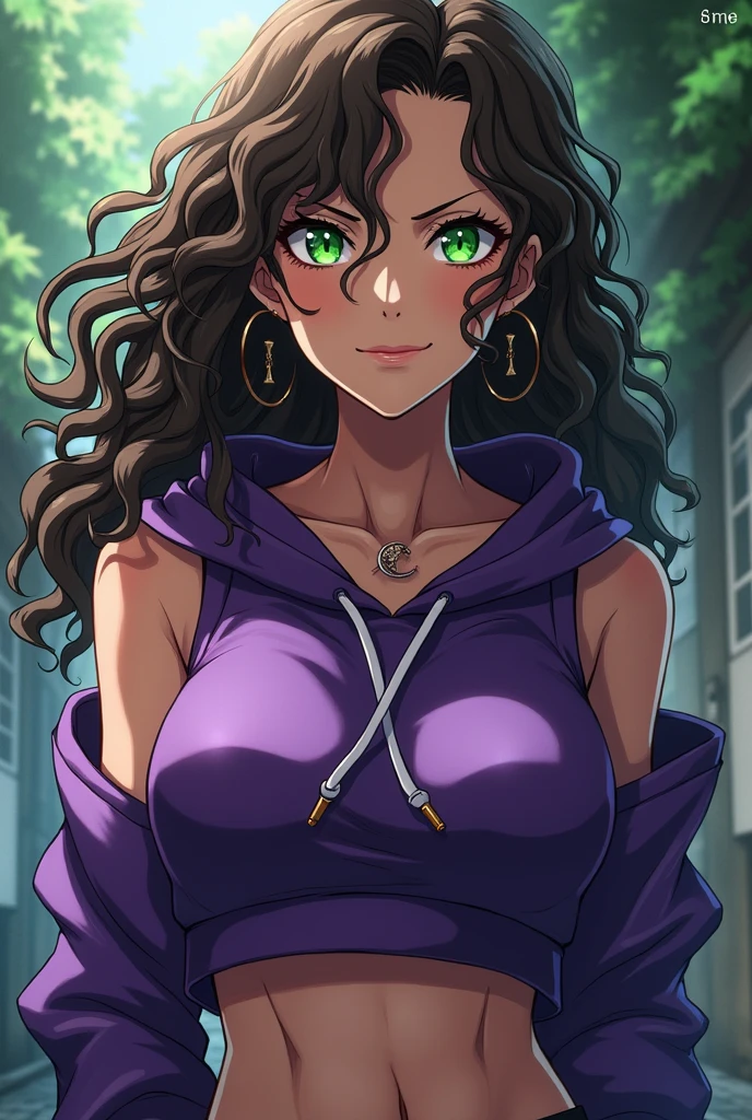Badass Female character from Jujutsu Kaisen, light skin, fit build, long curly coily brown hair, bright green eyes, wearing purple sleeveless cropped hoodie, belly ring, hoop earrings, villainous smile, screenshot, screencap, anime with big boobs