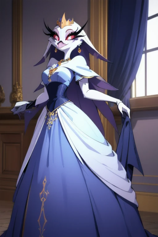 (best quality, masterpiece:1), furry female anthro stella, closed mouth, smile, wide-eyed, white pupils, blue dress, white gloves, blue dress, blue cape, earrings, fangs, hair ornament, jewelry, long dress, necklace, long skirt, 1girl, Solo, 