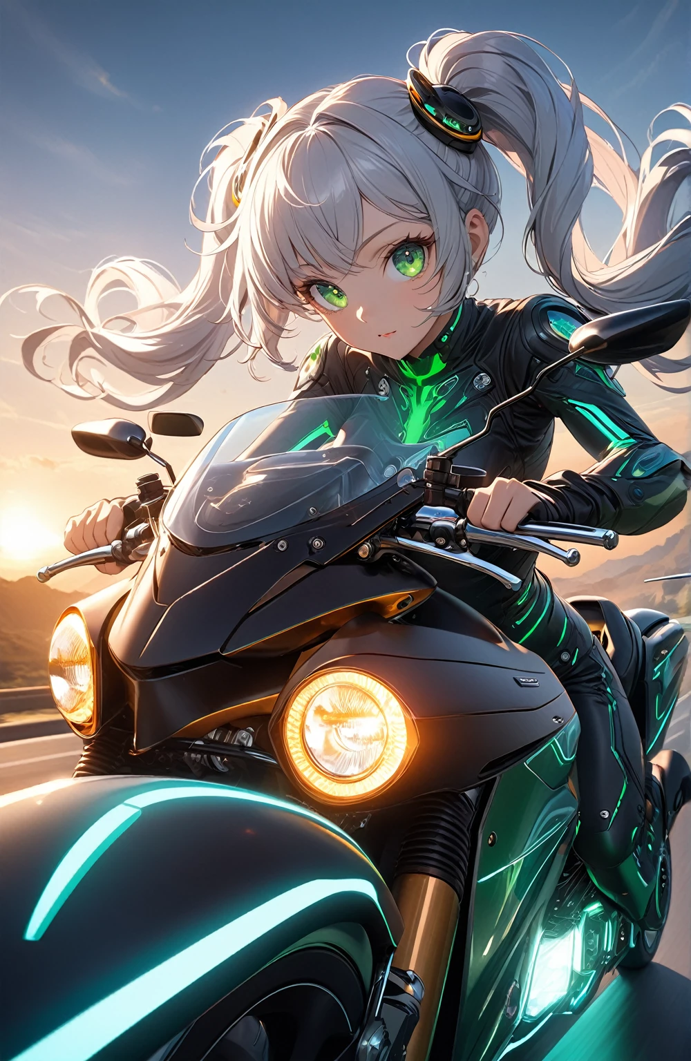 Ultra high resolution, rich colors, perfect image, best quality, detailed image, beautiful single woman, glowing skin, skin and clothing texture, delicate eyes, morning, futuristic motorcycle, driving, silver hair twin tails, green eyes