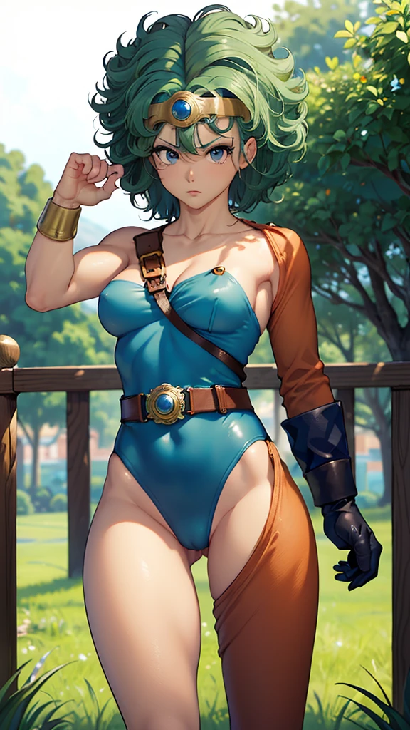 （（（ＳＦＷ、sound、Highest quality、Top notch work、Normal body、8k、Detailed face、Ultra-precision、normal hand、Refer、５refer、Highest）））、beautiful girl、Green Hair、yamato nadeshiko、((Small breasts、Shortcuts、Blue leotard、muscular、Red Cape、Circlet))、(((Sexy pose)))、Female Heroes、 Fight、Fight is ready、((Perfectly executed:Description of the whole body,Standing posture,Draw the details well、There is no anatomical problem))、grassland