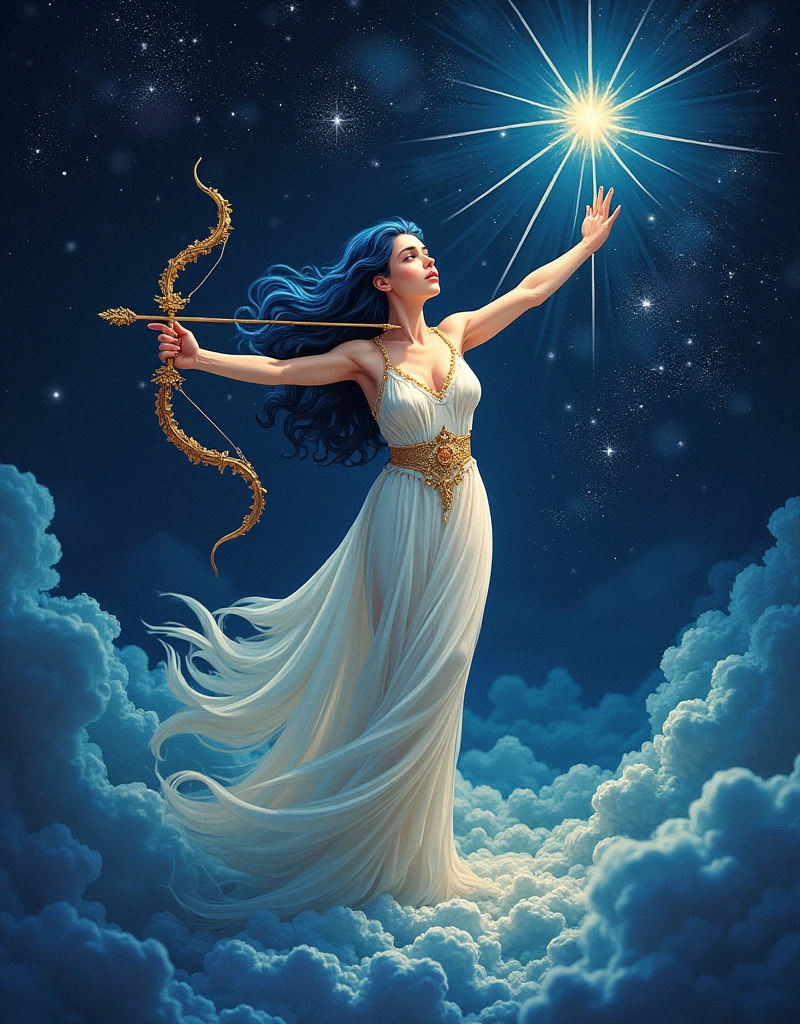 ( absurd , high quality , Extremely detailed, careful hand )Constellation-Sagittarius Goddess , Similar to Latin goodness . Optimistic, Fair, Funny and intelligent face . reckless, Ruthless, impatient, Overconfident style . Deep blue eyes (Eye details) , Dark blue hair，shining , Transparent dress , In the starry sea , whole body , Fire , Chiron