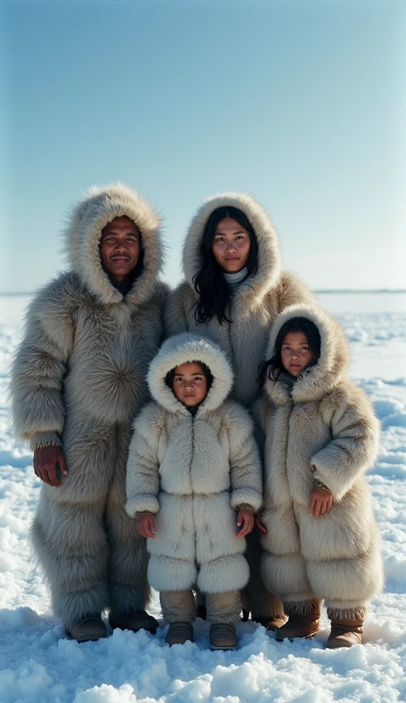 In the foreground, an Inuit family is depicted under the cold, clear Arctic sky. They are wearing traditional fur clothing made from seal and caribou fur, which is thick and designed to insulate against the frigid temperatures.