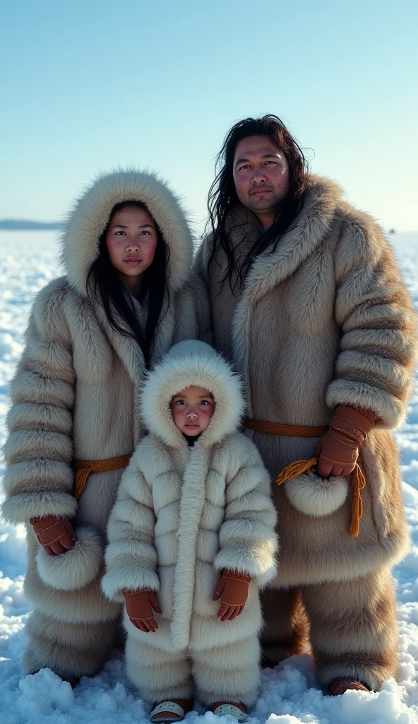 In the foreground, an Inuit family is depicted under the cold, clear Arctic sky. They are wearing traditional fur clothing made from seal and caribou fur, which is thick and designed to insulate against the frigid temperatures.