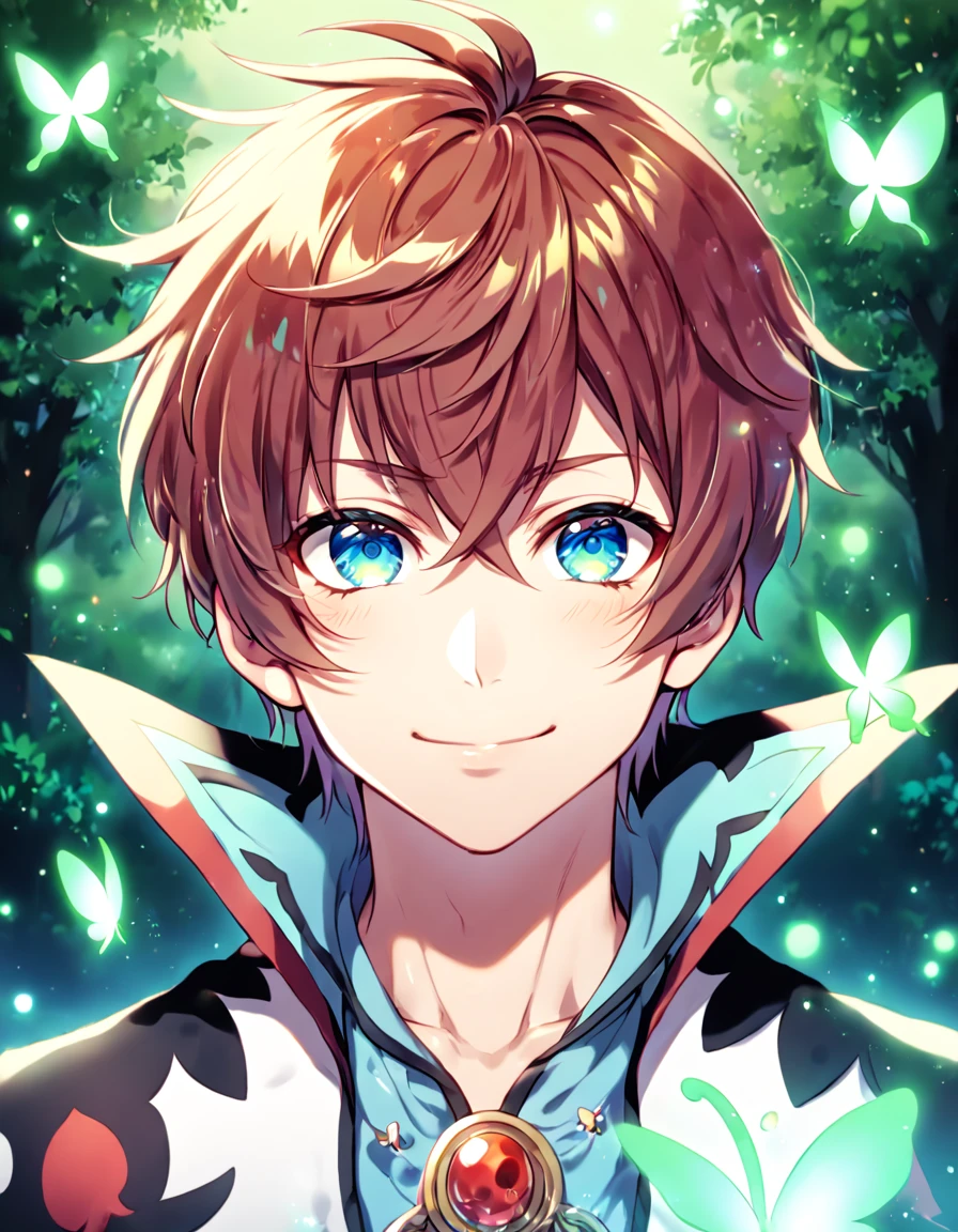 absurdres, highres, ultra detailed, HDR, master piece, best quality, extremely detailed, detailed eyes, Asbel Lhant, reddish-brown hair, expressive blue eyes, Tales Of Graces, solo, sexy man, sensual, handsome, smile, manly man, white coat, light-blue shirt, under a green tree, fantasy, magical, glittering fireflies, green butterflies, green flames, magic, green leaves