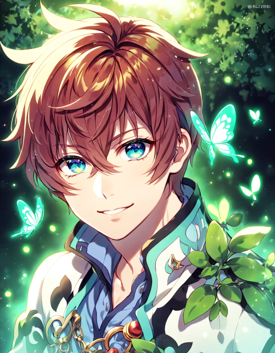 absurdres, highres, ultra detailed, HDR, master piece, best quality, extremely detailed, detailed eyes, Asbel Lhant, reddish-brown hair, expressive blue eyes, Tales Of Graces, solo, sexy man, sensual, handsome, smile, manly man, white coat, light-blue shirt, under a green tree, fantasy, magical, glittering fireflies, green butterflies, green flames, magic, green leaves