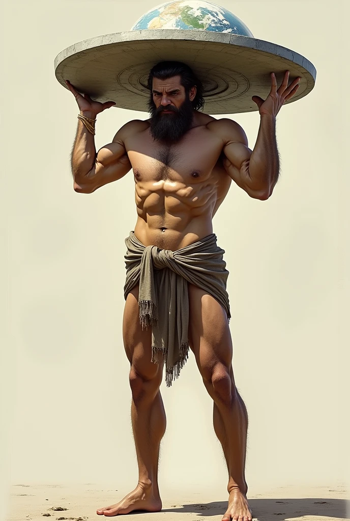 Atlas carrying the world flat, his entire body from head to toe