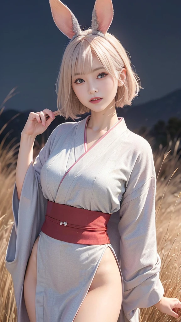 (Ultra high definition,Very sophisticated,Perfect Face,Age is 16,Highest quality,Realistic raw texture,Realistic,Natural smile,Pink platinum blonde,Sexy hairstyle:1.5),(Slender and exquisite physique,Stylish thin eyebrows:1.2),(see through,Japanese clothing,Japanese twelve-layered kimono,Bunny ears:1.4),(perfect body,perfect proportion,The torso is short,Red full moon and silver grass background,Time: Night:1.3),