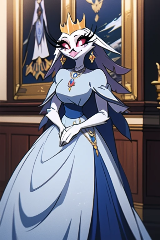 (best quality, masterpiece:1), furry female anthro stella, closed mouth, smile, wide-eyed, white pupils, blue dress, white gloves, blue dress, blue cape, earrings, fangs, hair ornament, jewelry, long dress, necklace, long skirt, 1girl, Solo, 