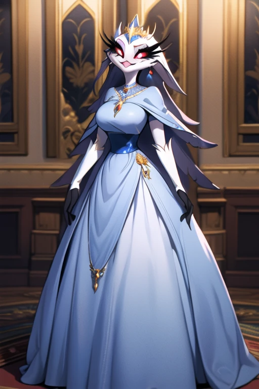 (best quality, masterpiece:1), furry female anthro stella, closed mouth, smile, wide-eyed, white pupils, blue dress, white gloves, blue dress, blue cape, earrings, fangs, hair ornament, jewelry, long dress, necklace, long skirt, 1girl, Solo, 