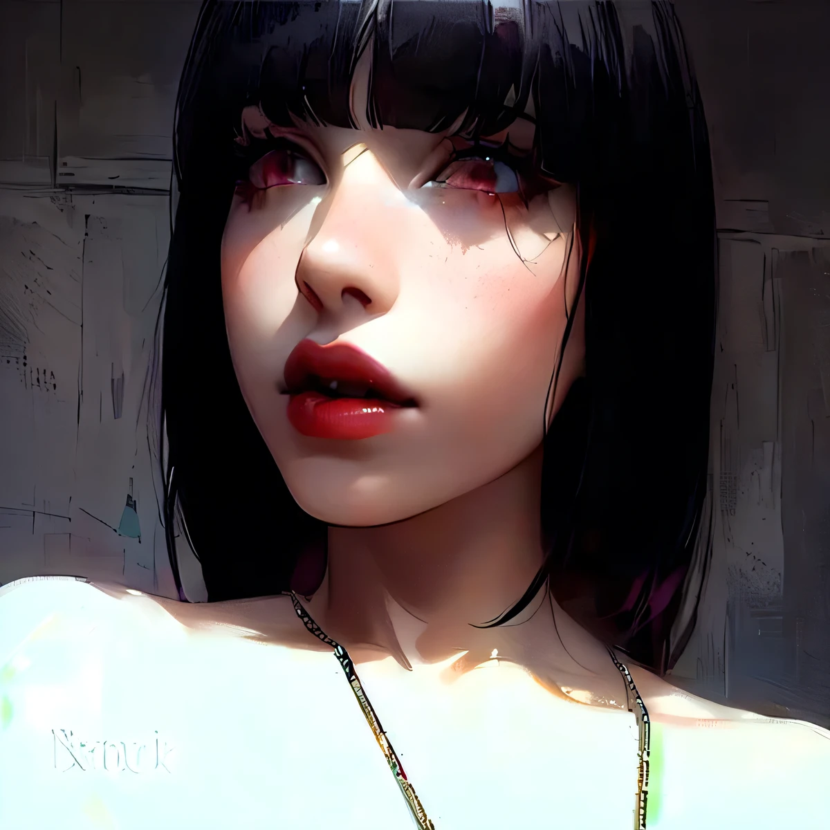 there is a woman with a necklace on her neck and a necklace on her neck, 1 goth girl, 🤤 girl portrait, 1 anime goth girl, pale goth beauty, she has black hair with bangs, lily frank, extremely pale white skin, pale porcelain white skin, with pale skin, 1 girl