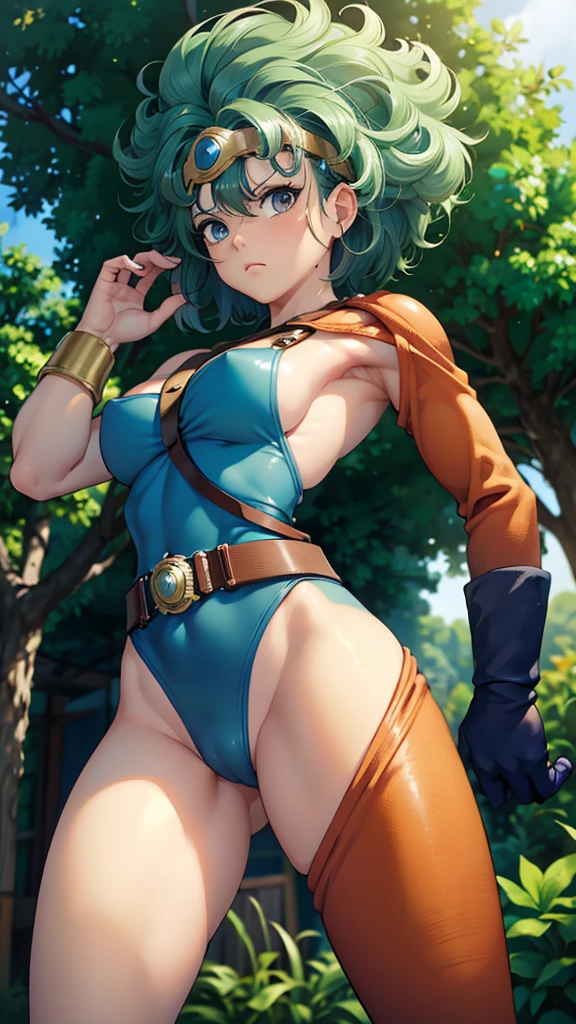 （（（ＳＦＷ、sound、Highest quality、Top notch work、Normal body、8k、Detailed face、Ultra-precision、normal hand、Refer、５refer、Highest）））、beautiful girl、Green Hair、yamato nadeshiko、((Small breasts、Shortcuts、Blue leotard、muscular、Red Cape、Circlet))、(((Sexy pose)))、Female Heroes、 Fight、Fight is ready、((Perfectly executed:Description of the whole body,Standing posture,Draw the details well、There is no anatomical problem))、grassland