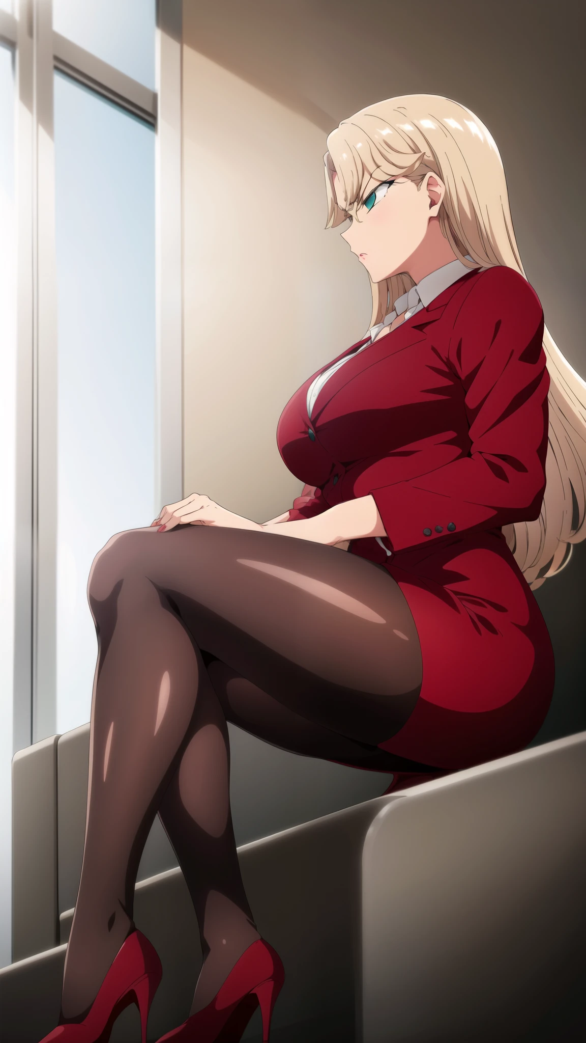 from side, profile, (((1girl))),aqua eyes, blonde hair, angry expression, siting on couch, in personal office, sunset lightning,    dark red high heels with black pantyhose, dark red pencil skirt, white office shirt with red office jacket on top 
