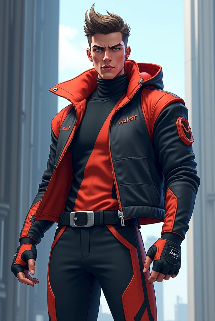 A Male Jett character with a stylish outfit from the game Valorant
