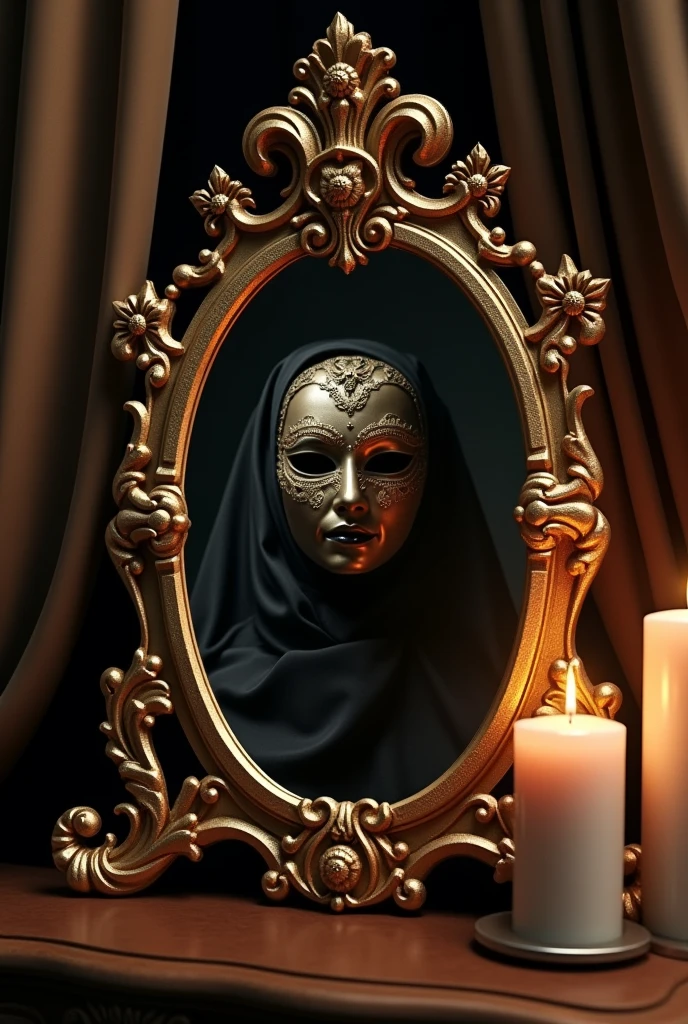 In this design, The cover shows an antique, decorated mirror., reflecting the face of the protagonist with the mask on. The mirror background suggests a luxurious and dark room, with heavy curtains and lit candles. The mirror has gold details and is partially covered by shadows.